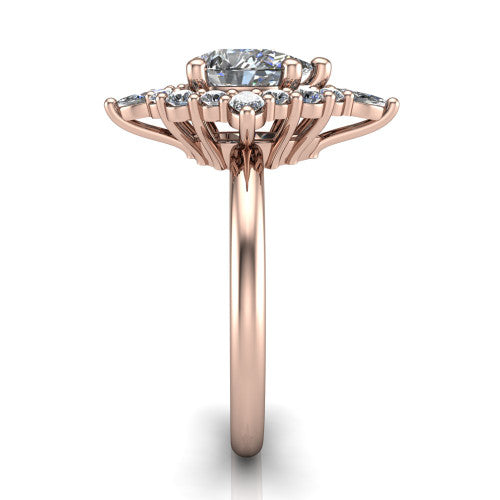 Frances pear vintage halo engagement ring in 18K Rose Gold, side profile showing the plain polished band and the starburst cluster halo in profile