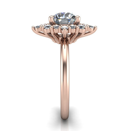 Frances round vintage halo engagement ring in 14K Rose Gold, side profile showing the plain polished band and the starburst cluster halo in profile