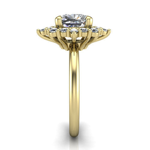 Frances cushion vintage halo engagement ring in 18K Yellow Gold, side profile showing the plain polished band and the starburst cluster halo in profile