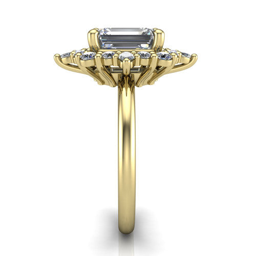 Frances emerald vintage halo engagement ring in 14K Yellow Gold, side profile showing the plain polished band and the starburst cluster halo in profile