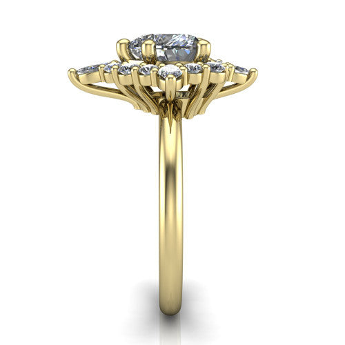 Frances heart vintage halo engagement ring in 14K Yellow Gold, side profile showing the plain polished band and the starburst cluster halo in profile