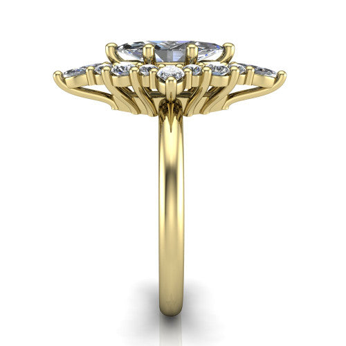 Frances marquise vintage halo engagement ring in 18K Yellow Gold, side profile showing the plain polished band and the starburst cluster halo in profile