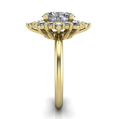 Frances oval vintage halo engagement ring in 18K Yellow Gold, side profile showing the plain polished band and the starburst cluster halo in profile