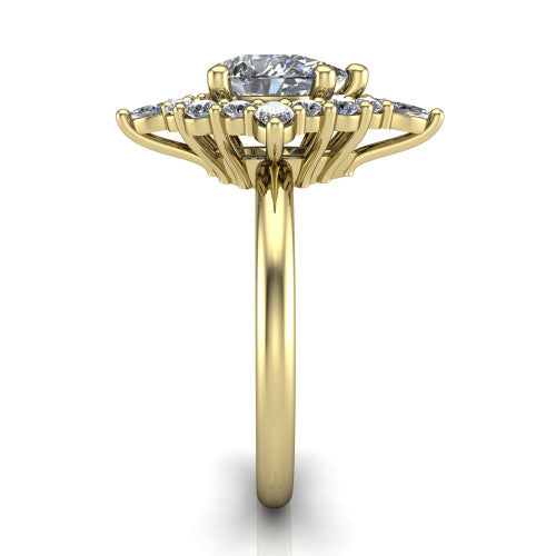 Frances pear vintage halo engagement ring in 14K Yellow Gold, side profile showing the plain polished band and the starburst cluster halo in profile
