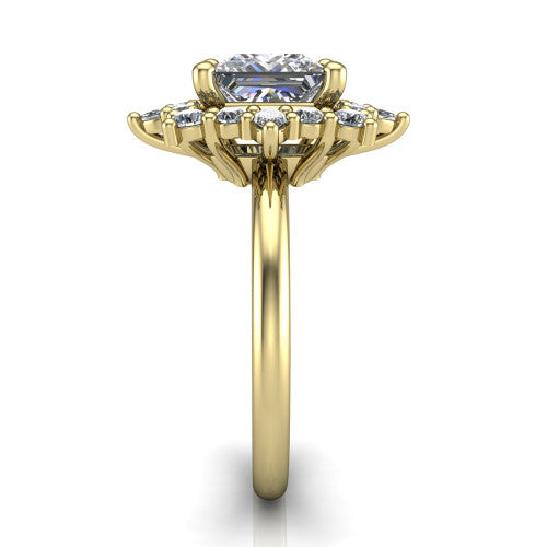 Frances princess vintage halo engagement ring in 18K Yellow Gold, side profile showing the plain polished band and the starburst cluster halo in profile