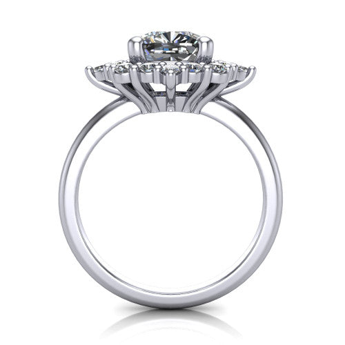 Frances cushion vintage halo engagement ring in Platinum, through-finger front profile showing the cluster halo head above the plain band