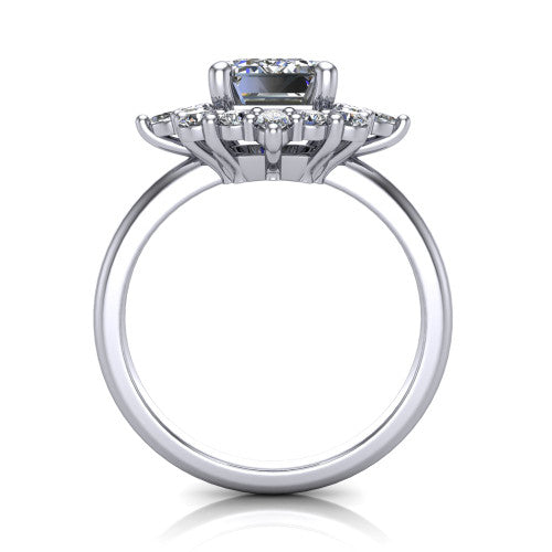 Frances emerald vintage halo engagement ring in 18K White Gold, through-finger front profile showing the cluster halo head above the plain band