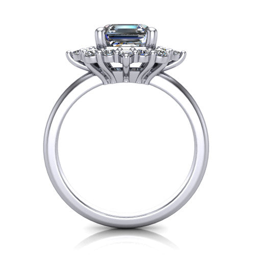 Frances square emerald vintage halo engagement ring in 14K White Gold, through-finger front profile showing the cluster halo head above the plain band
