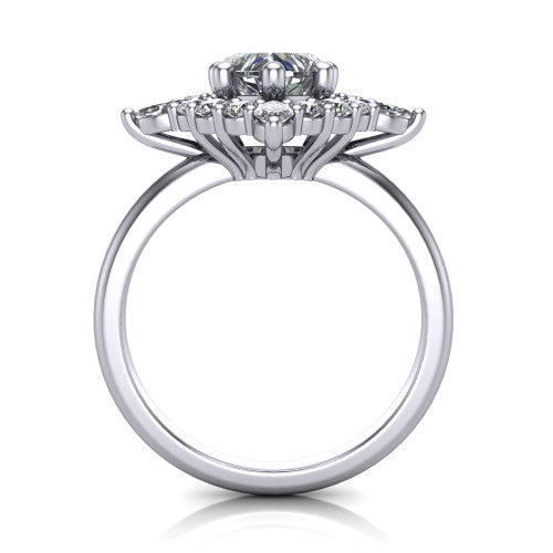Frances heart vintage halo engagement ring in 14K White Gold, through-finger front profile showing the cluster halo head above the plain band