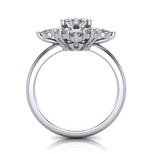 Frances marquise vintage halo engagement ring in 18K White Gold, through-finger front profile showing the cluster halo head above the plain band