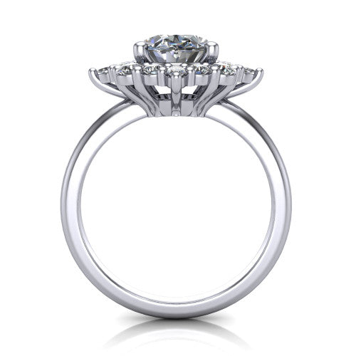 Frances oval vintage halo engagement ring in 18K White Gold, through-finger front profile showing the cluster halo head above the plain band