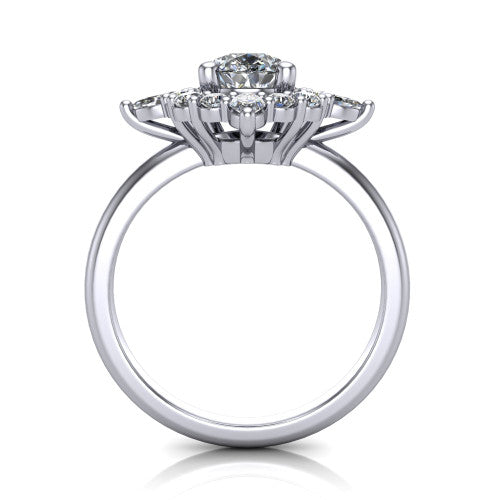 Frances pear vintage halo engagement ring in Platinum, through-finger front profile showing the cluster halo head above the plain band