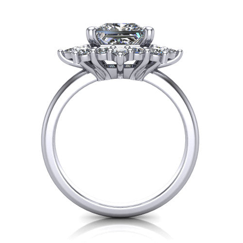 Frances princess vintage halo engagement ring in 14K White Gold, through-finger front profile showing the cluster halo head above the plain band