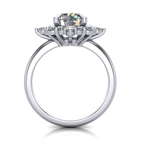 Frances round vintage halo engagement ring in 18K White Gold, through-finger front profile showing the cluster halo head above the plain band