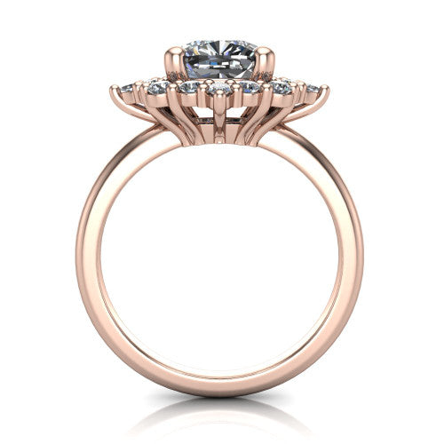 Frances cushion vintage halo engagement ring in 14K Rose Gold, through-finger front profile showing the cluster halo head above the plain band