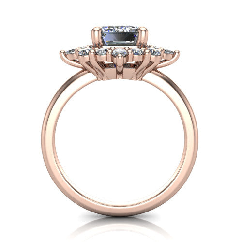 Frances emerald vintage halo engagement ring in 14K Rose Gold, through-finger front profile showing the cluster halo head above the plain band