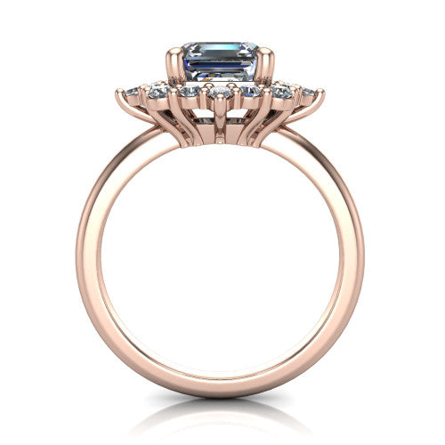 Frances square emerald vintage halo engagement ring in 14K Rose Gold, through-finger front profile showing the cluster halo head above the plain band