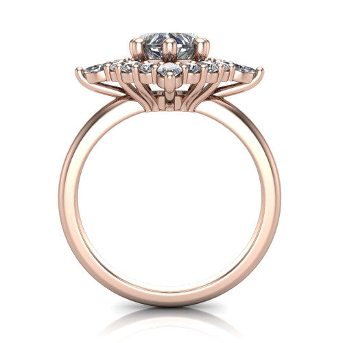 Frances heart vintage halo engagement ring in 14K Rose Gold, through-finger front profile showing the cluster halo head above the plain band