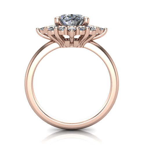 Frances oval vintage halo engagement ring in 14K Rose Gold, through-finger front profile showing the cluster halo head above the plain band