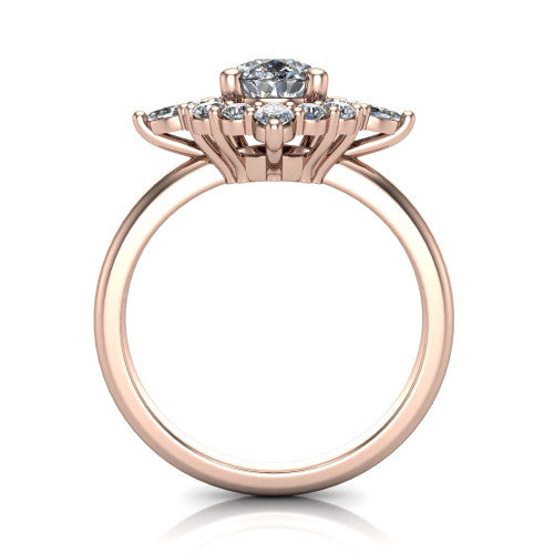 Frances pear vintage halo engagement ring in 14K Rose Gold, through-finger front profile showing the cluster halo head above the plain band