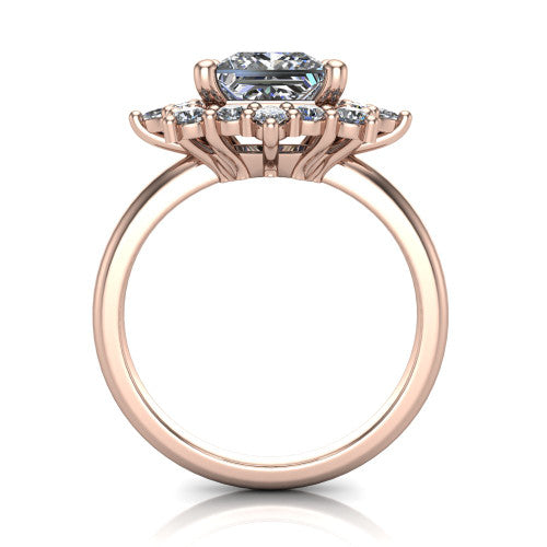 Frances princess vintage halo engagement ring in 14K Rose Gold, through-finger front profile showing the cluster halo head above the plain band