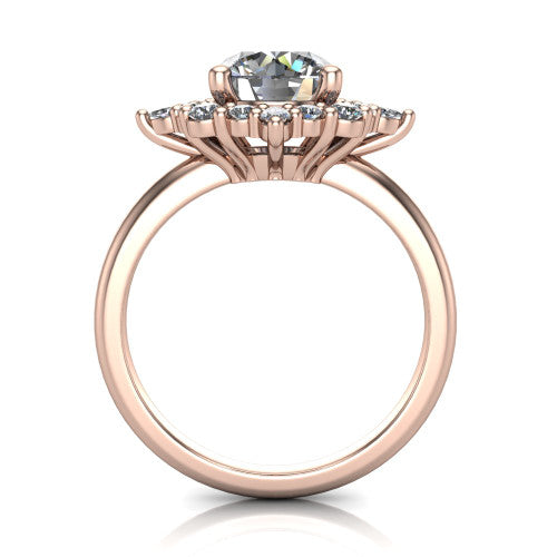 Frances round vintage halo engagement ring in 14K Rose Gold, through-finger front profile showing the cluster halo head above the plain band