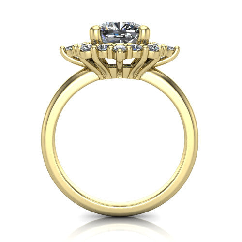 Frances cushion vintage halo engagement ring in 14K Yellow Gold, through-finger front profile showing the cluster halo head above the plain band