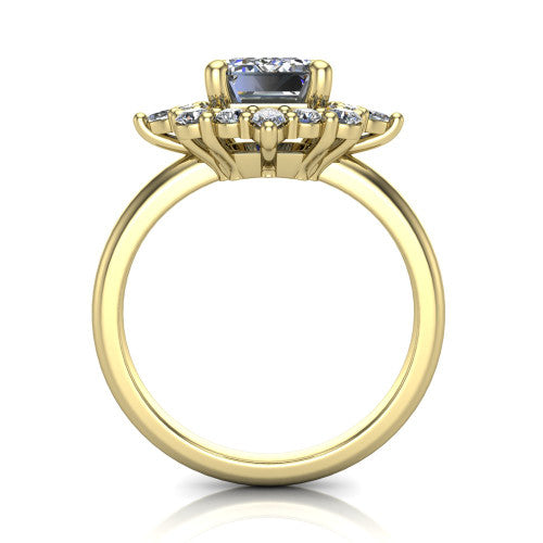 Frances emerald vintage halo engagement ring in 18K Yellow Gold, through-finger front profile showing the cluster halo head above the plain band
