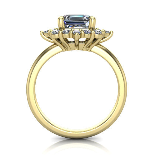 Frances square emerald vintage halo engagement ring in 14K Yellow Gold, through-finger front profile showing the cluster halo head above the plain band