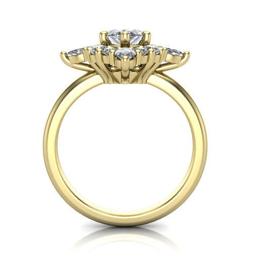 Frances marquise vintage halo engagement ring in 18K Yellow Gold, through-finger front profile showing the cluster halo head above the plain band