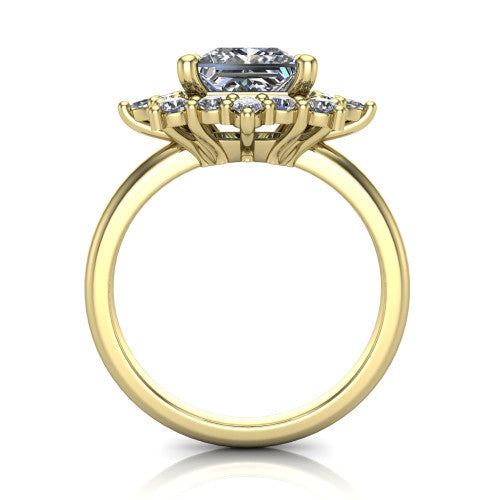 Frances princess vintage halo engagement ring in 14K Yellow Gold, through-finger front profile showing the cluster halo head above the plain band