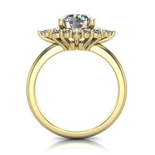 Frances round vintage halo engagement ring in 18K Yellow Gold, through-finger front profile showing the cluster halo head above the plain band