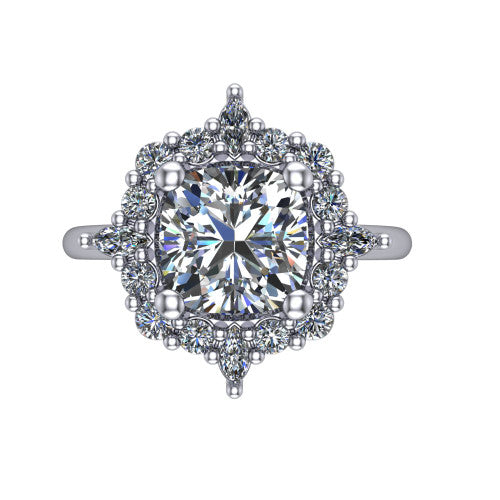 Frances cushion vintage halo engagement ring in Platinum, top-down view showing the snowflake starburst halo of marquise and round diamonds framing the cushion center
