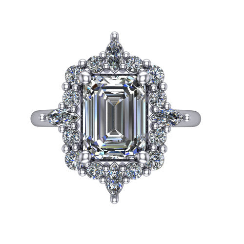 Frances emerald vintage halo engagement ring in 18K White Gold, top-down view showing the snowflake starburst halo of marquise and round diamonds framing the emerald center