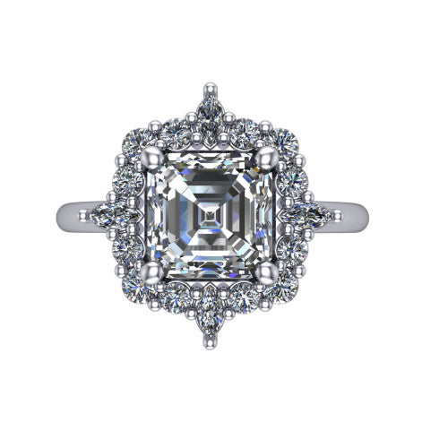 Frances square emerald vintage halo engagement ring in 18K White Gold, top-down view showing the snowflake starburst halo of marquise and round diamonds framing the square emerald center