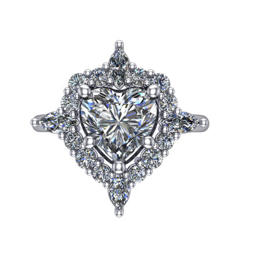 Frances heart vintage halo engagement ring in 18K White Gold, top-down view showing the snowflake starburst halo of marquise and round diamonds framing the heart center
