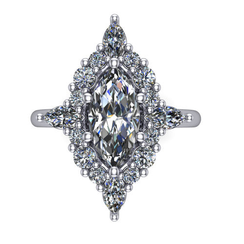 Frances marquise vintage halo engagement ring in 14K White Gold, top-down view showing the snowflake starburst halo of marquise and round diamonds framing the marquise center