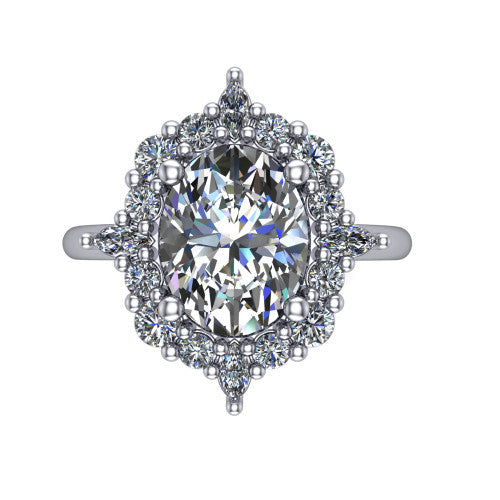Frances oval vintage halo engagement ring in 14K White Gold, top-down view showing the snowflake starburst halo of marquise and round diamonds framing the oval center