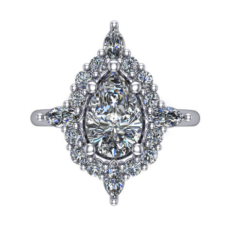 Frances pear vintage halo engagement ring in 14K White Gold, top-down view showing the snowflake starburst halo of marquise and round diamonds framing the pear center
