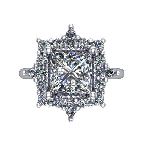 Frances princess vintage halo engagement ring in 18K White Gold, top-down view showing the snowflake starburst halo of marquise and round diamonds framing the princess center