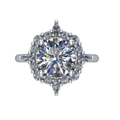 Frances round vintage halo engagement ring in 14K White Gold, top-down view showing the snowflake starburst halo of marquise and round diamonds framing the round center