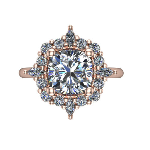 Frances cushion vintage halo engagement ring in 18K Rose Gold, top-down view showing the snowflake starburst halo of marquise and round diamonds framing the cushion center