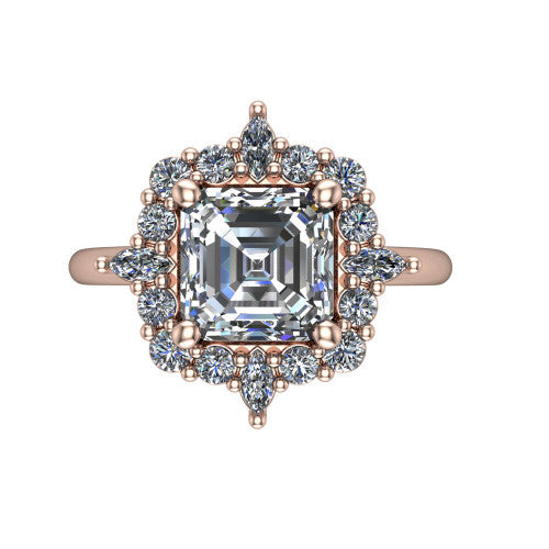 Frances square emerald vintage halo engagement ring in 18K Rose Gold, top-down view showing the snowflake starburst halo of marquise and round diamonds framing the square emerald center