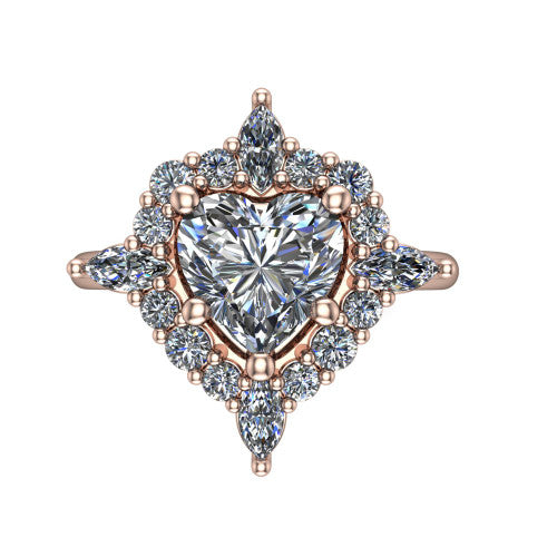 Frances heart vintage halo engagement ring in 14K Rose Gold, top-down view showing the snowflake starburst halo of marquise and round diamonds framing the heart center