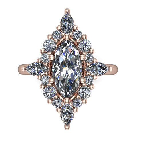 Frances marquise vintage halo engagement ring in 14K Rose Gold, top-down view showing the snowflake starburst halo of marquise and round diamonds framing the marquise center