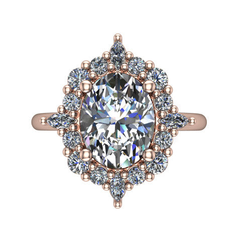 Frances oval vintage halo engagement ring in 18K Rose Gold, top-down view showing the snowflake starburst halo of marquise and round diamonds framing the oval center