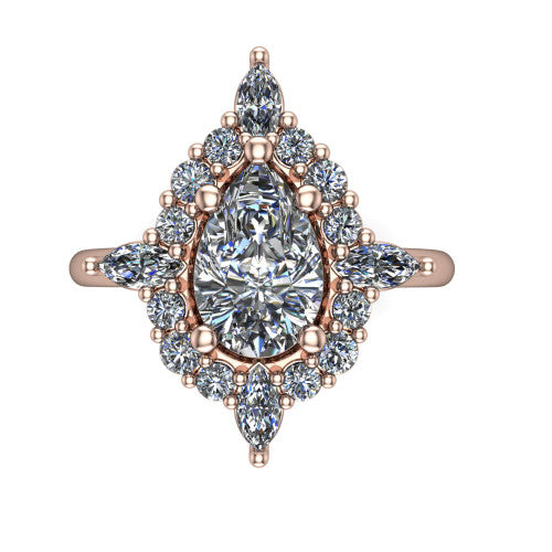 Frances pear vintage halo engagement ring in 18K Rose Gold, top-down view showing the snowflake starburst halo of marquise and round diamonds framing the pear center