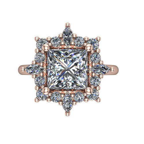 Frances princess vintage halo engagement ring in 18K Rose Gold, top-down view showing the snowflake starburst halo of marquise and round diamonds framing the princess center