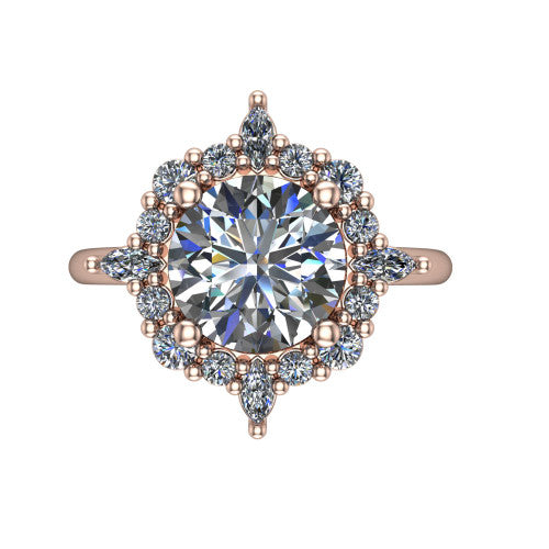 Frances round vintage halo engagement ring in 14K Rose Gold, top-down view showing the snowflake starburst halo of marquise and round diamonds framing the round center