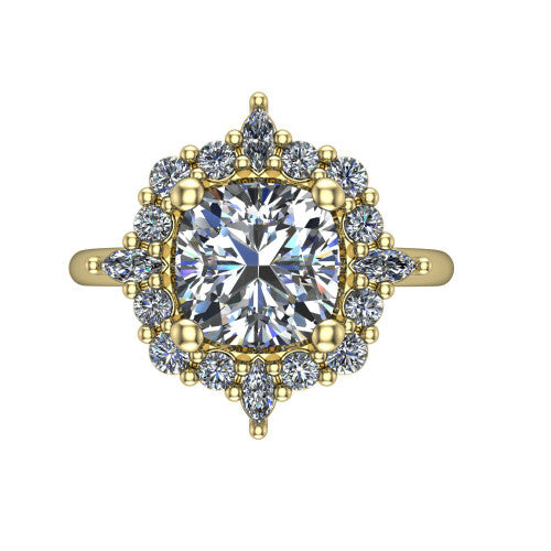 Frances cushion vintage halo engagement ring in 14K Yellow Gold, top-down view showing the snowflake starburst halo of marquise and round diamonds framing the cushion center